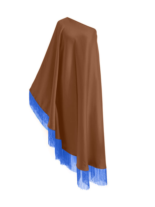 Blue Fringe Off Shoulder Brown Midi Dress