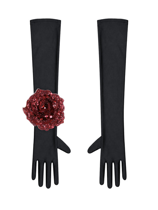 Black Evening Chic Gloves With Burgundy Sequin Rose