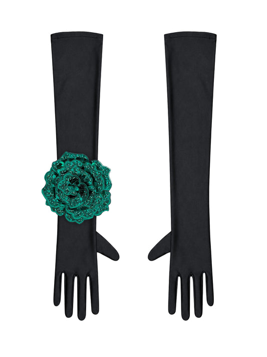 Black Evening Chic Gloves With Green Sequin Rose