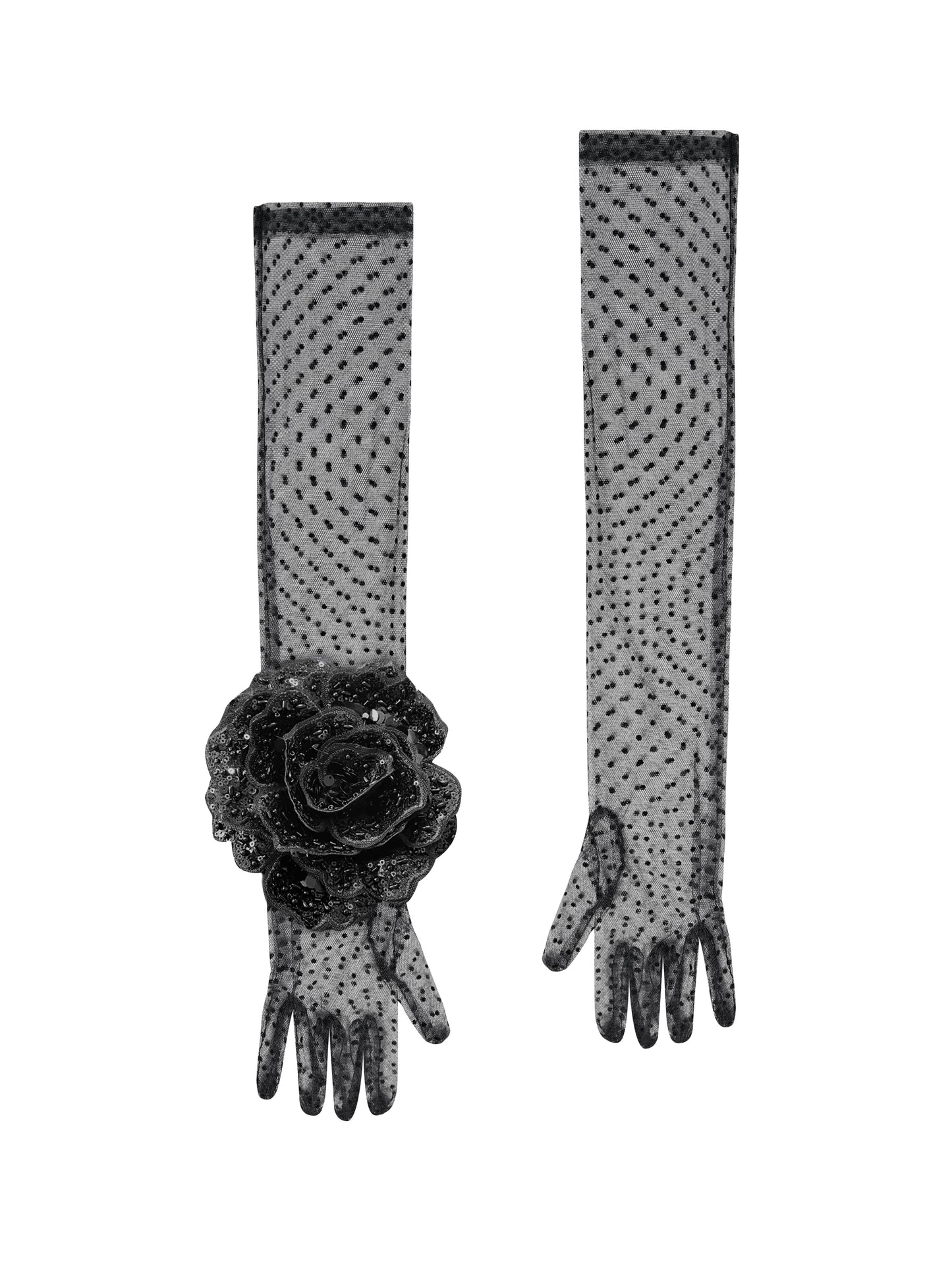 Long Black Polka Dot Gloves With Black Sequin Rose