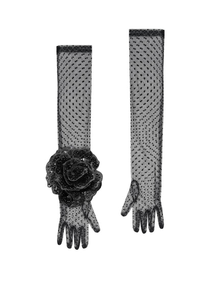 Long Black Polka Dot Gloves With Black Sequin Rose