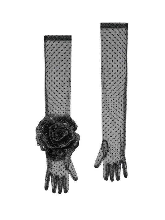 Long Black Polka Dot Gloves With Black Sequin Rose