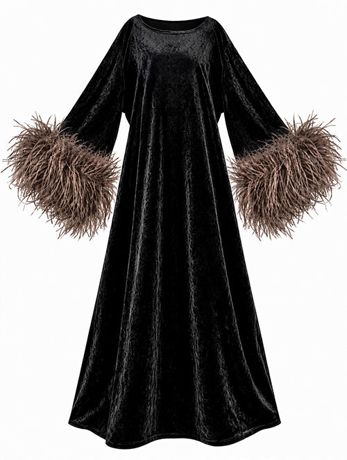 Jess Maxi Velvet Brown Feathers
