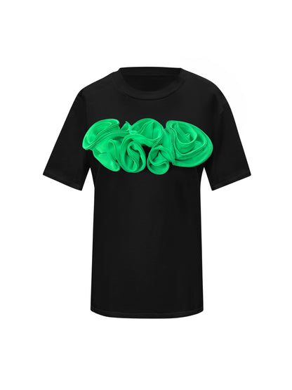 Flower Summer Black Cotton T-Shirt With Green Central Roses
