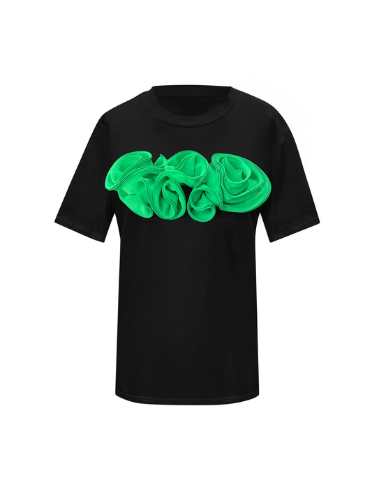 Flower Summer Black Cotton T-Shirt With Green Central Roses