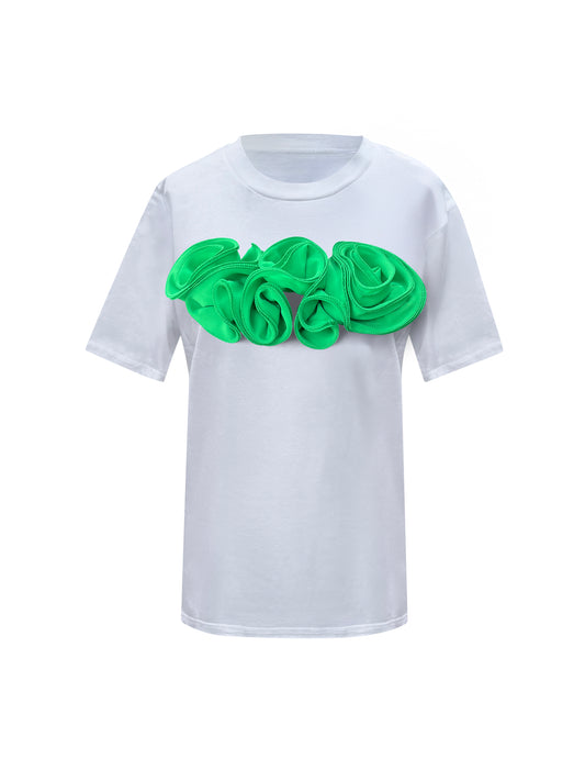 Flower Summer White Cotton T-Shirt With Green Central Roses