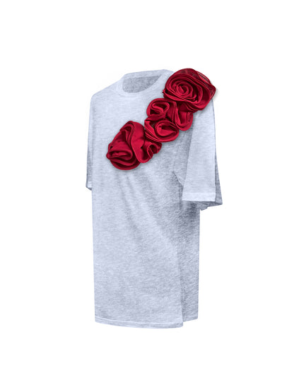 Grey Cotton T-Shirt With Handmade Flower