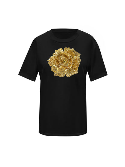 Summer Black Cotton T-Shirt With Gold Central Rose