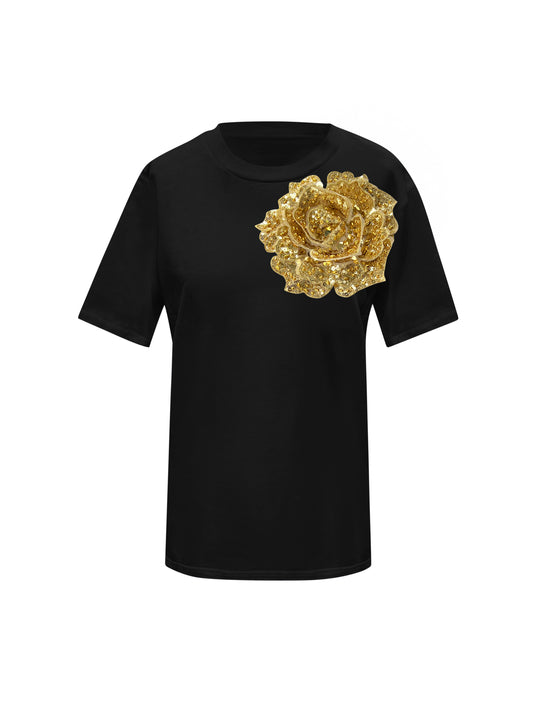 Black Cotton T-Shirt With Gold Sided Rose
