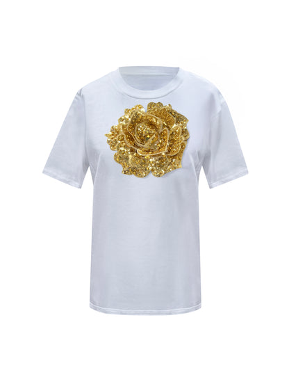 Summer Cotton T-Shirt With Gold Sequin Rose