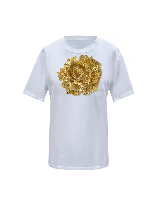 Summer Cotton T-Shirt With Gold Sequin Rose