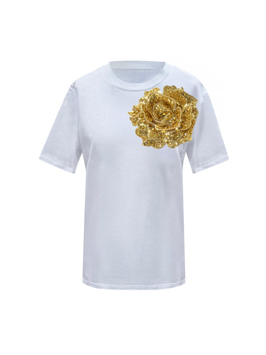 Cotton T-Shirt With Gold Side Sequin Rose