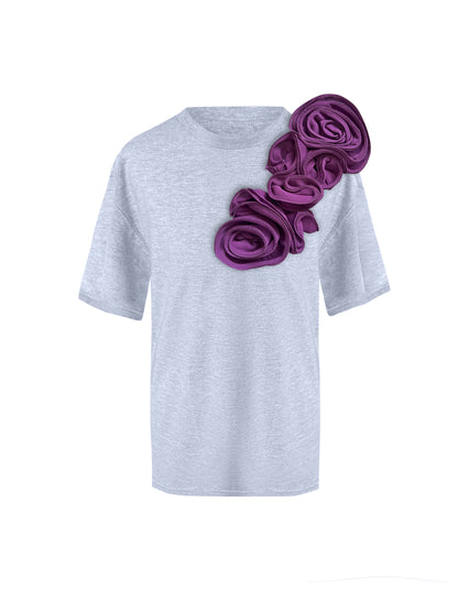 Grey Cotton T-Shirt With Handmade Flower