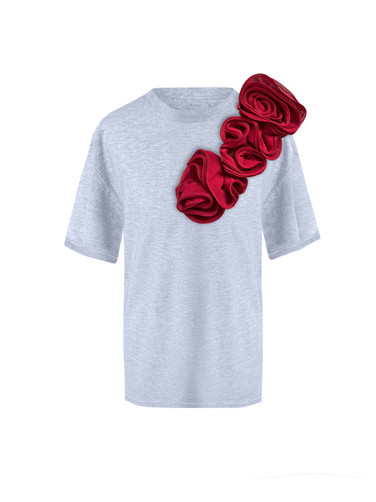 Grey Cotton T-Shirt With Handmade Flower