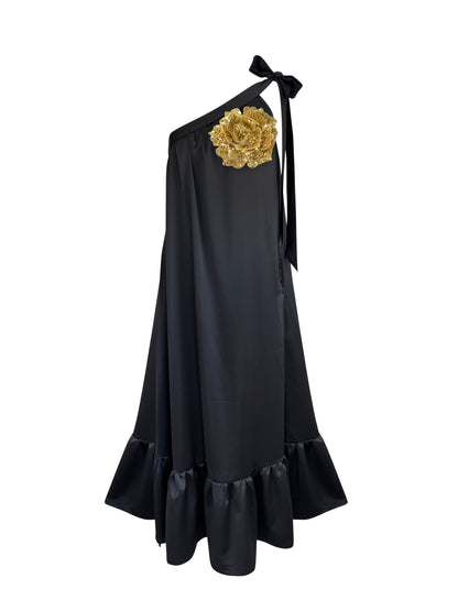 Tango Holiday Vacation Summer One Shoulder Gold Sequin Rose Dress