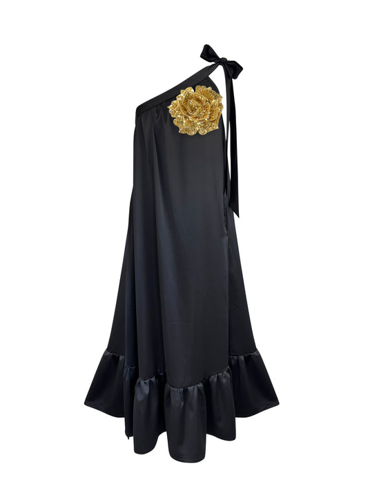 Tango Holiday Vacation Summer One Shoulder Gold Sequin Rose Dress