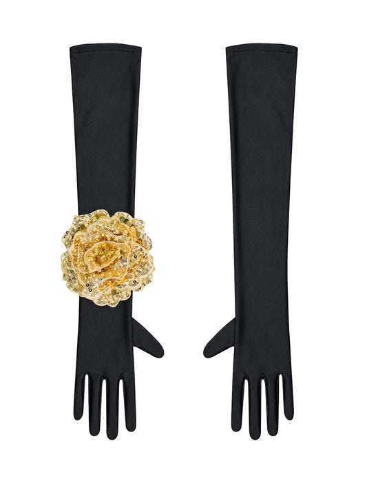 Black Evening Chic Gloves With Gold Sequin Rose