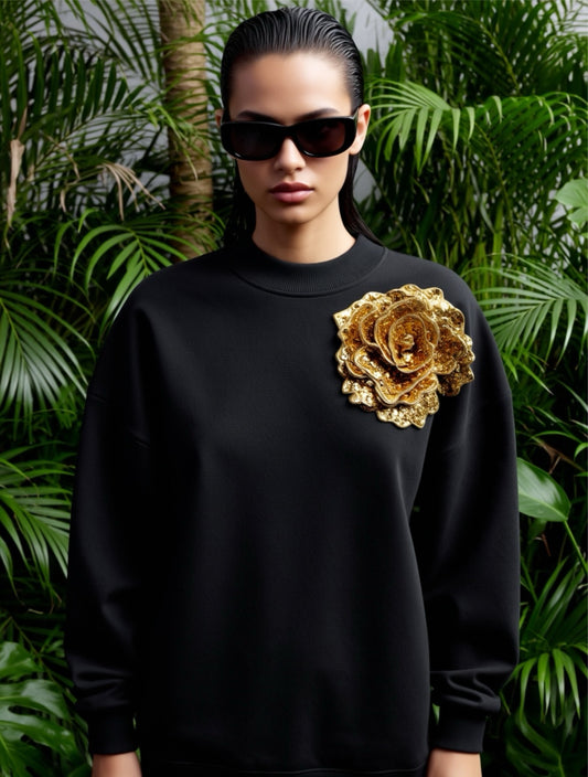 Black Cotton Sweatshirt With Gold Sequin Flower