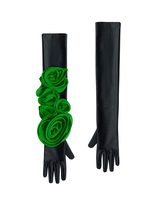 Chic Black Gloves With Green Roses