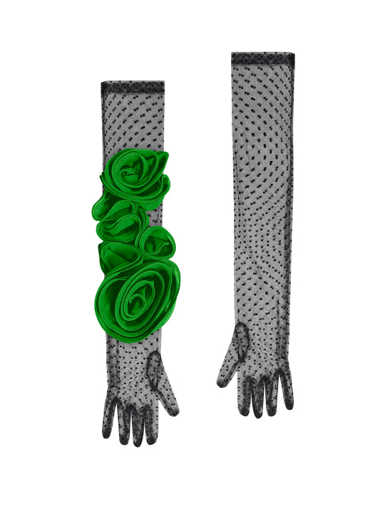 Long Polka Dot Lace Black And Green Gloves