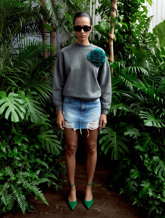 Grey Cotton Sweatshirt With Green Sequin Flower