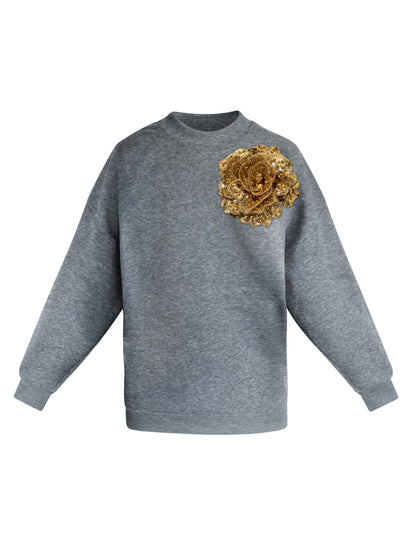 Grey Cotton Sweatshirt With Gold Sequin Flower