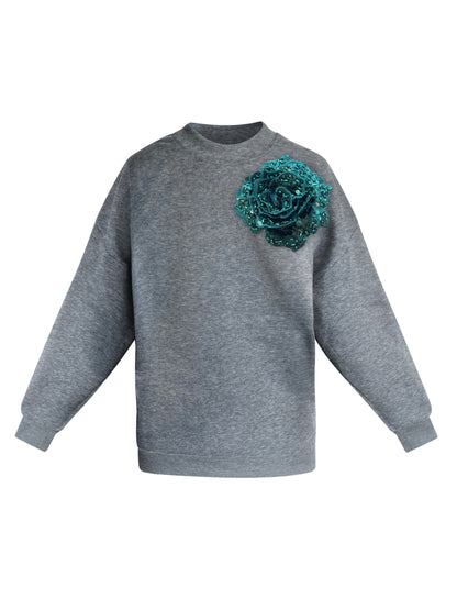Grey Cotton Sweatshirt With Green Sequin Flower