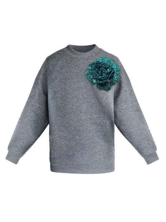 Grey Cotton Sweatshirt With Green Sequin Flower