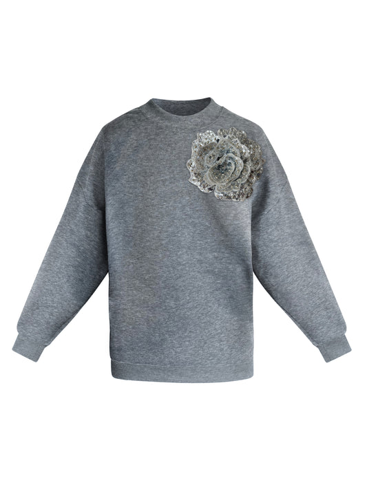 Grey Cotton Sweatshirt With Silver Sequin Flower
