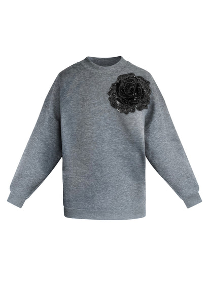 Grey Cotton Sweatshirt With Black Sequin Flower