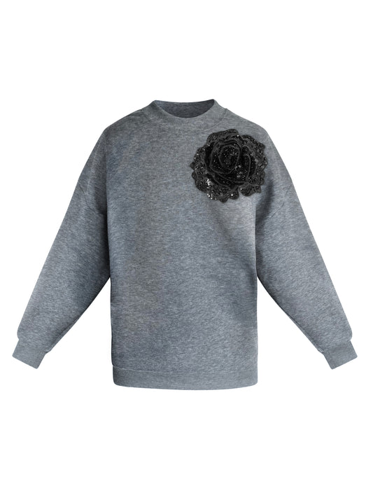 Grey Cotton Sweatshirt With Black Sequin Flower