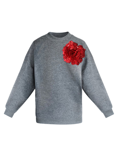 Grey Cotton Sweatshirt With Red Sequin Flower