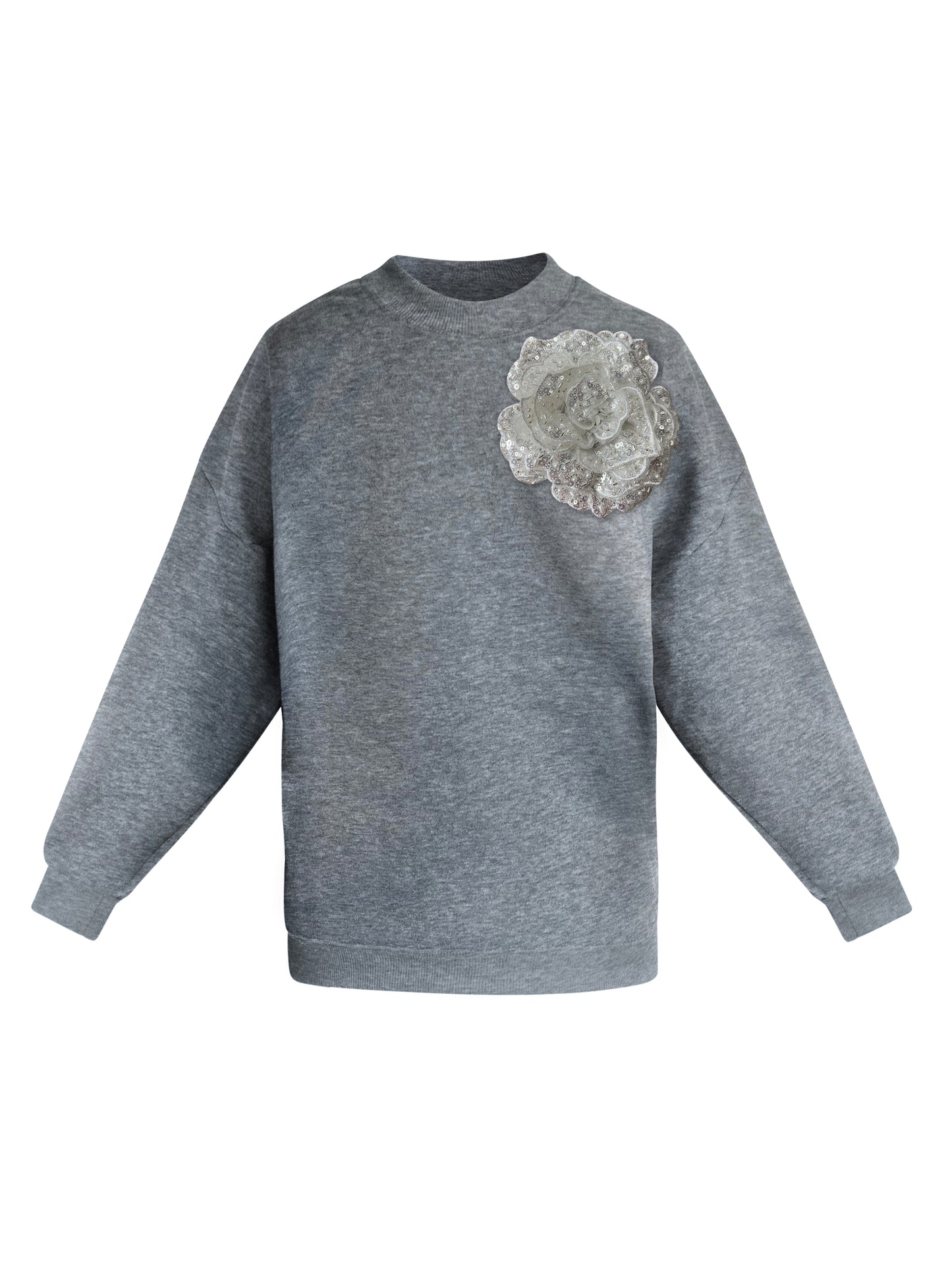 Grey Cotton Sweatshirt With White Sequin Flower