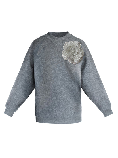Grey Cotton Sweatshirt With White Sequin Flower