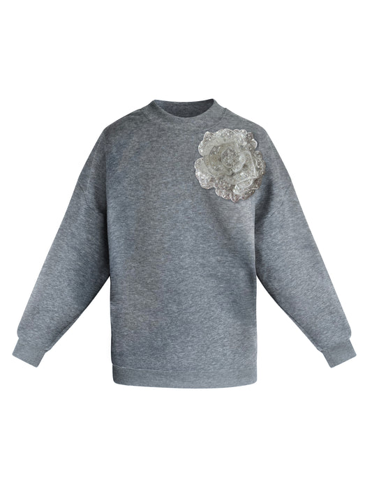 Grey Cotton Sweatshirt With White Sequin Flower