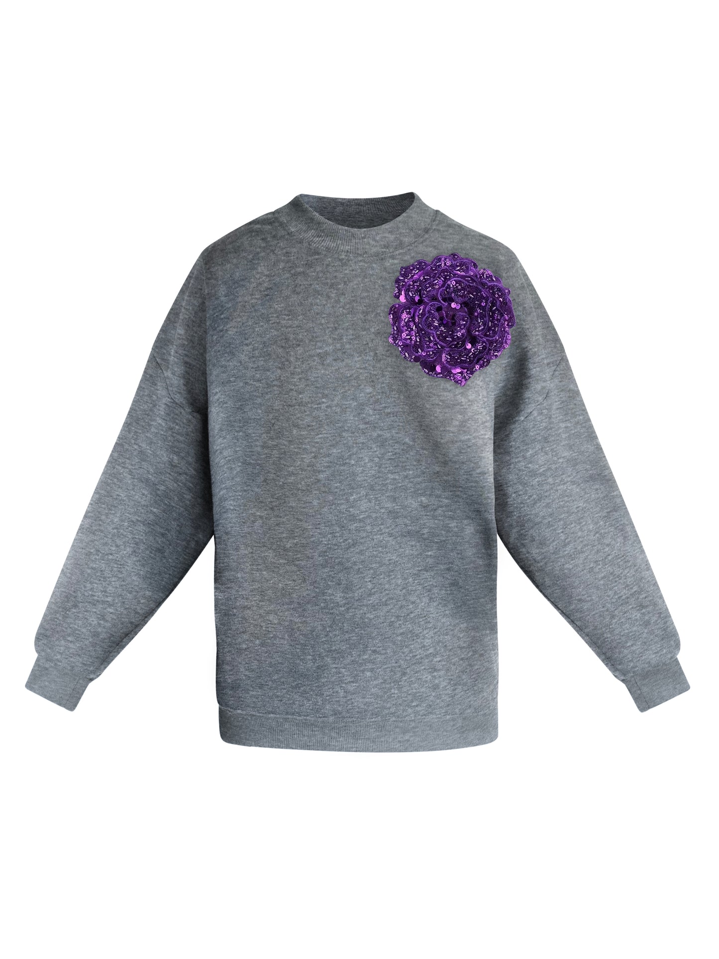 Cotton Sweatshirt With Bright Purple Sequin Flower