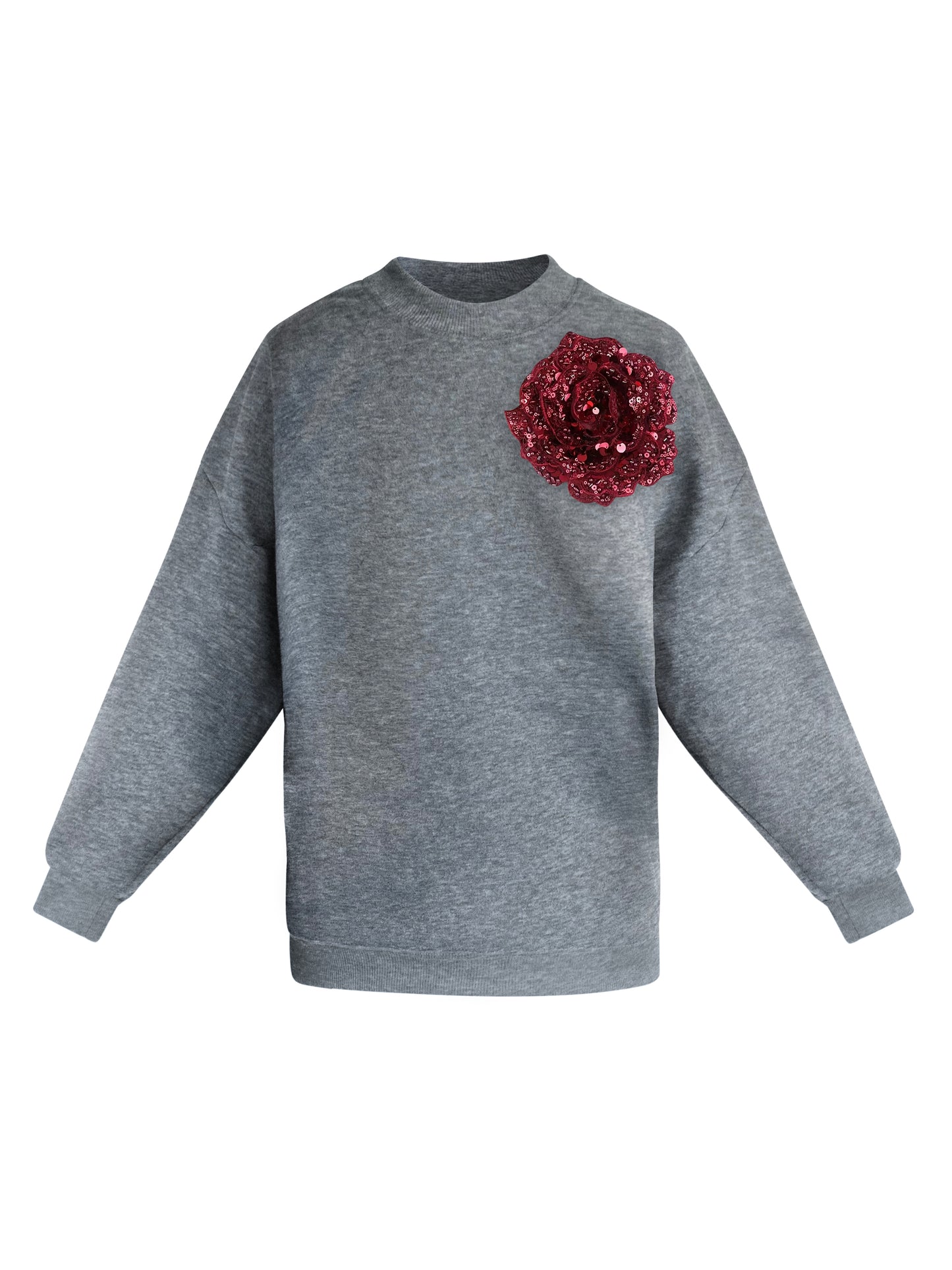 Cotton Sweatshirt With Burgundy Sequin Flower