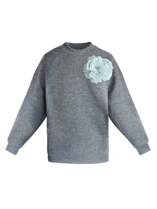 Cotton Sweatshirt With Light Blue Sequin Flower