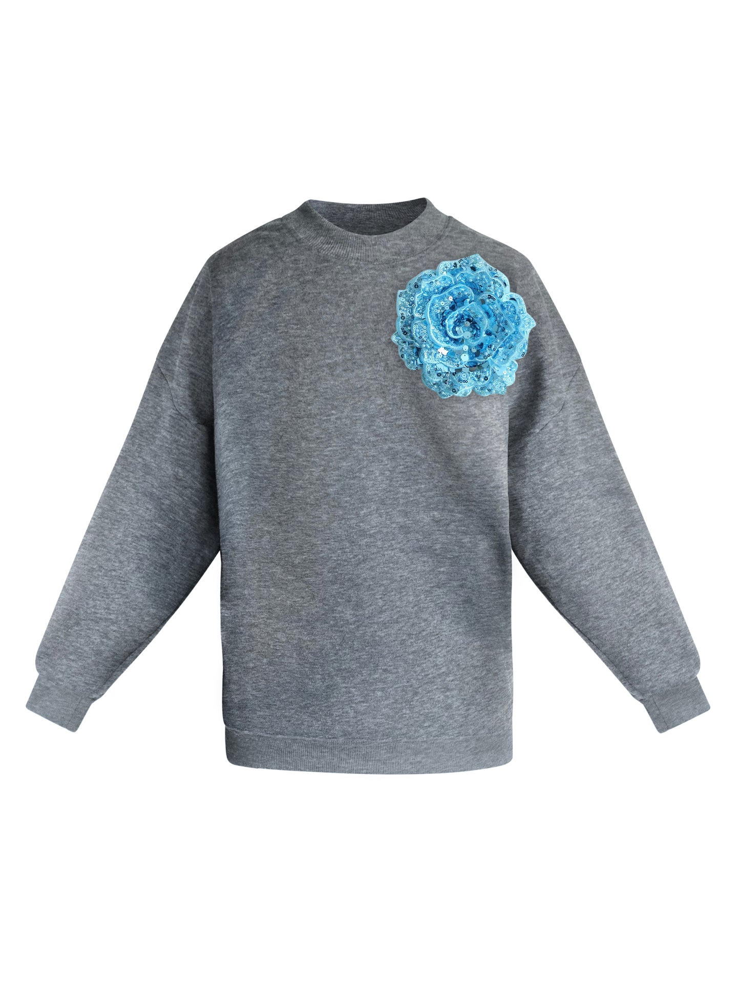 Cotton Sweatshirt With Sky Blue Sequin Flower
