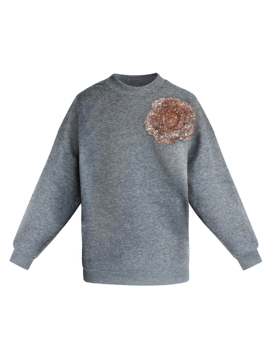 Cotton Sweatshirt With Champagne Sequin Flower