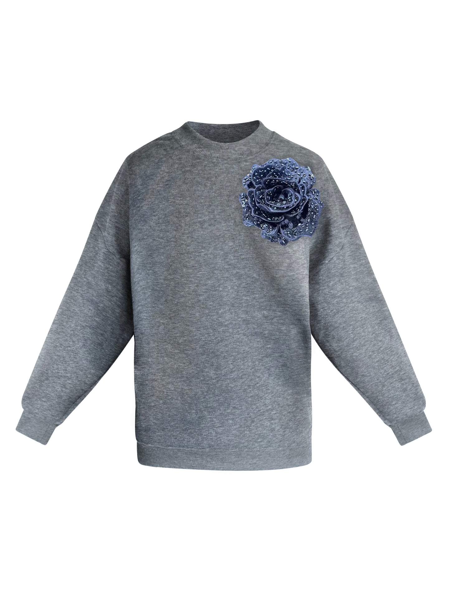 Cotton Sweatshirt With Navy Sequin Flower