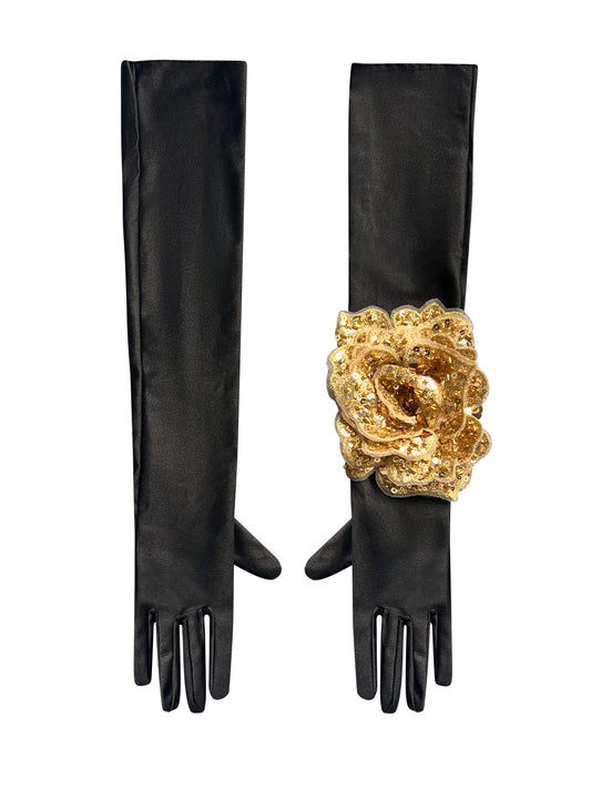 Black Evening Chic Gloves With Gold Sequin Rose
