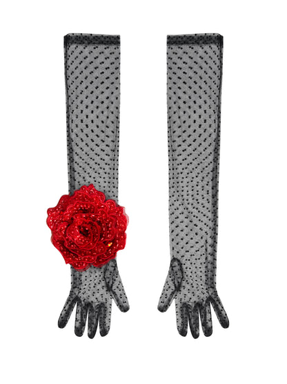 Long Black Flamenco Elegant Gloves With Red Sequin Rose