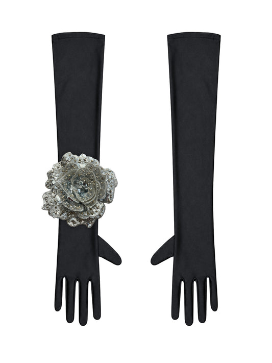 Black Evening Chic Gloves With Silver Sequin Rose