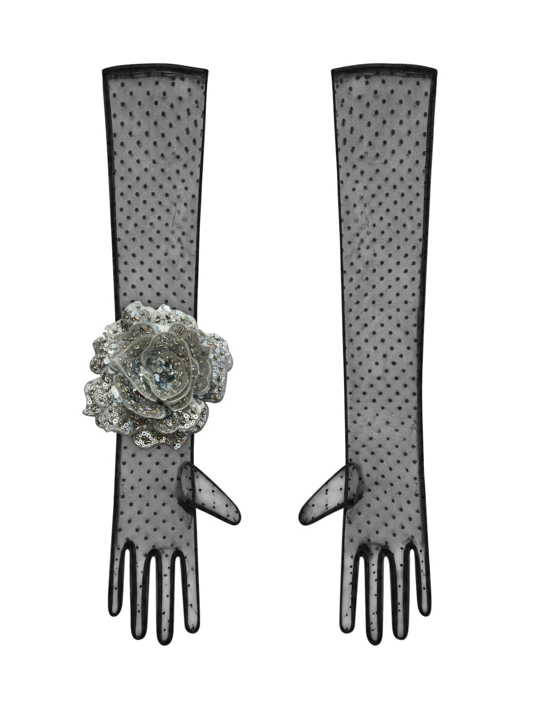 Long Black Polka Dot Gloves With Silver Sequin Rose