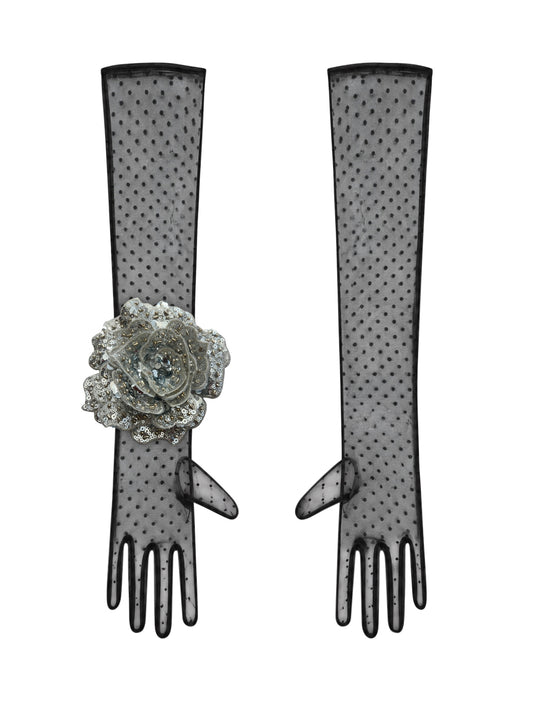Long Black Polka Dot Gloves With Silver Sequin Rose