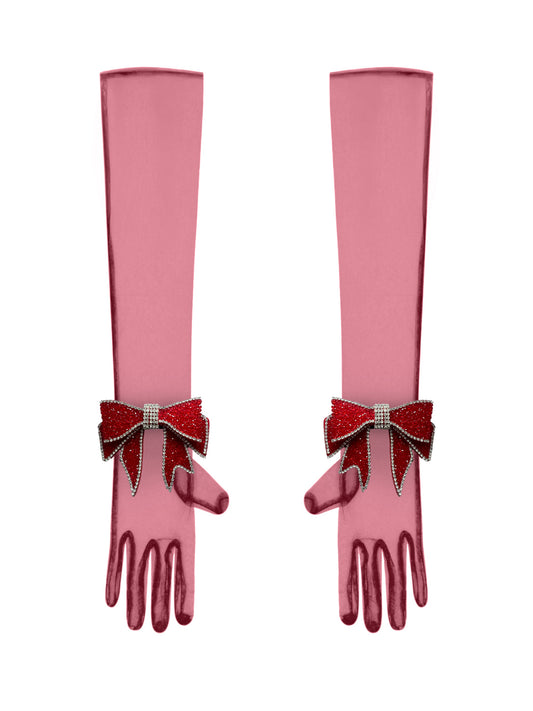 Crystal Bow Light Red Chic Gloves