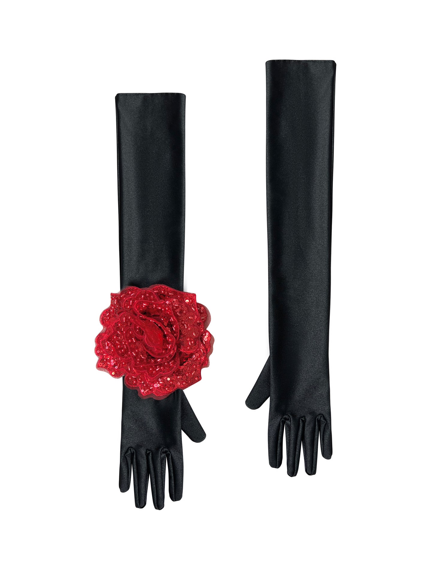 Black Evening Chic Gloves With Red Sequin Rose