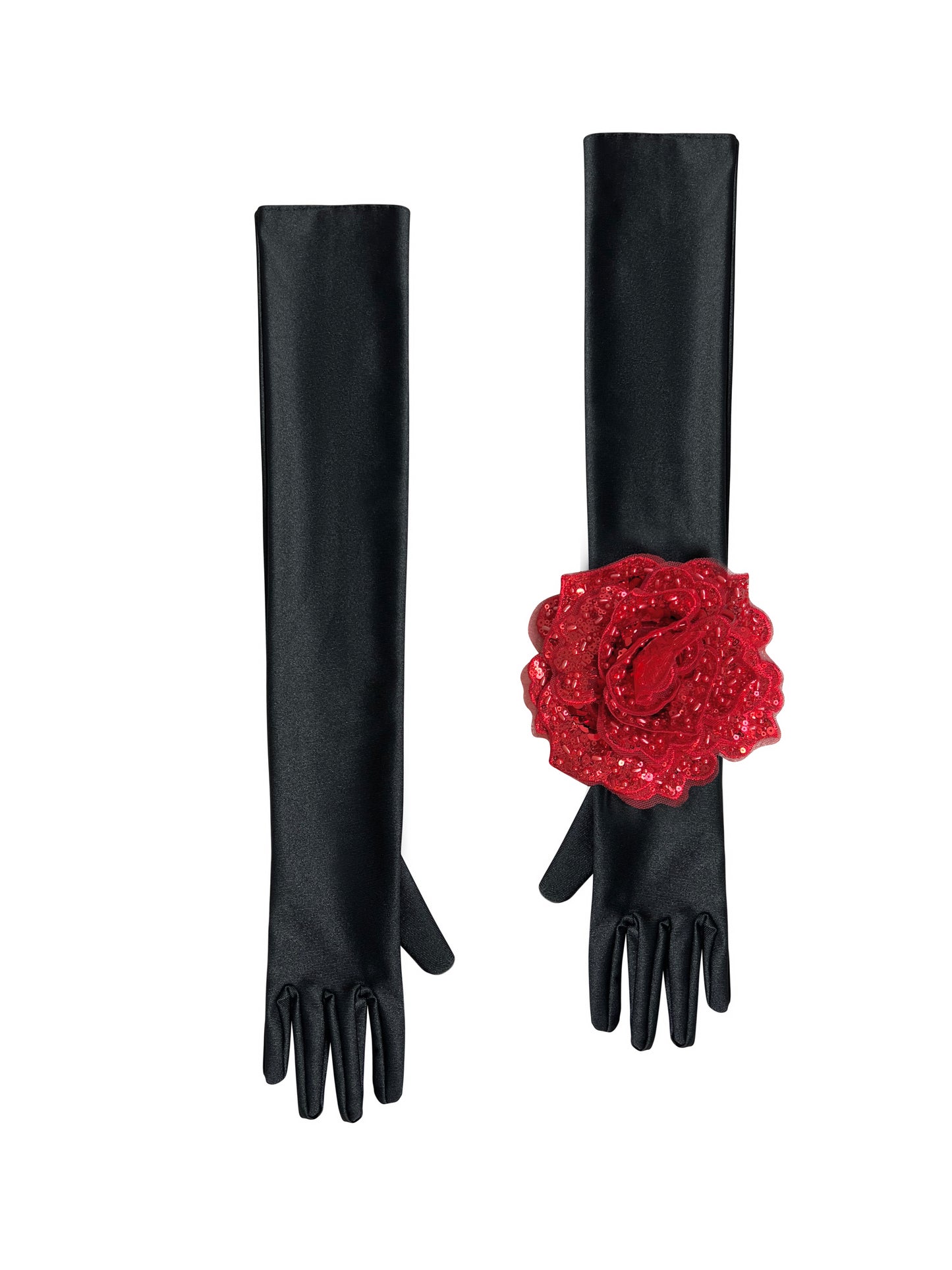 Black Evening Chic Gloves With Red Sequin Rose