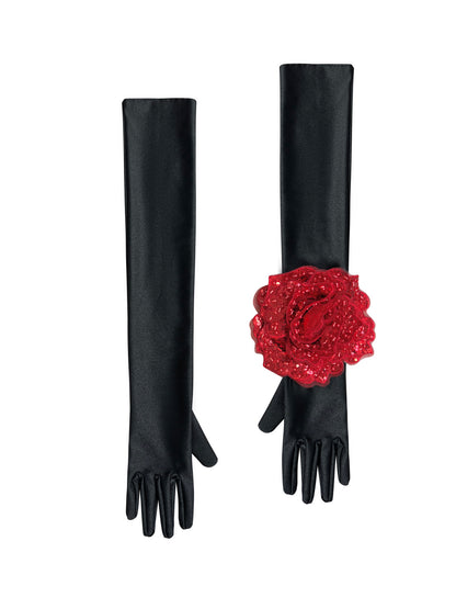 Black Evening Chic Gloves With Red Sequin Rose